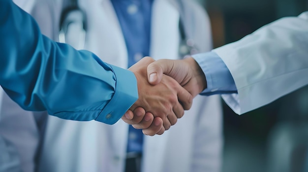 two doctors one wearing a blue shirt and the other a white and blue shirt shake hands in a close