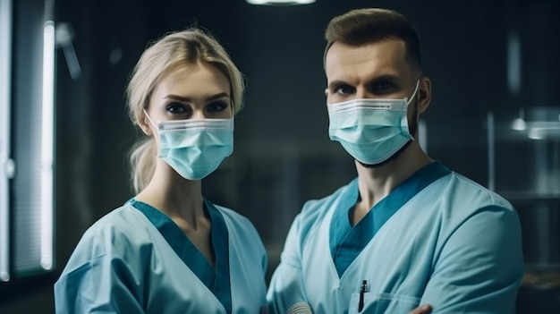 Two doctors with syringes in the operating room at hospitalgenerative ai