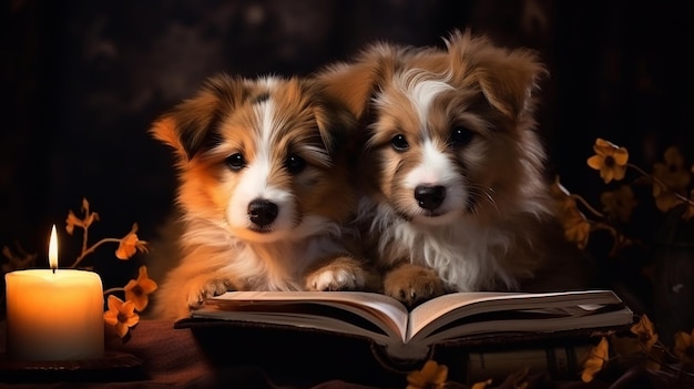 two dogs are on a book with a book titled a cat and a candle