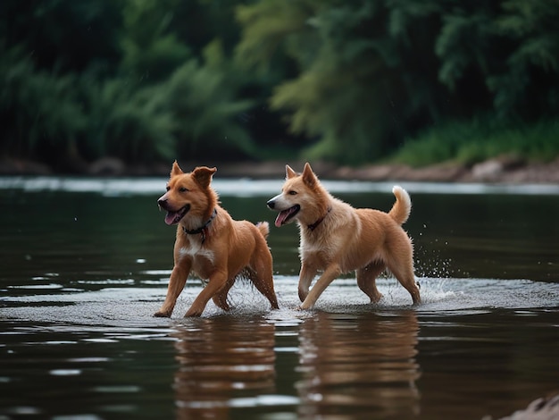 two dogs are playing in the water and one is jumping into the water