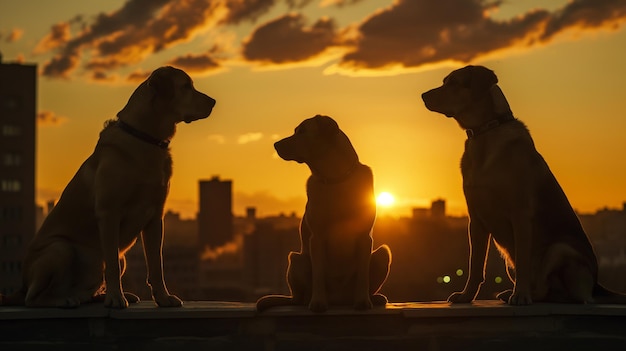 two dogs are on a roof and one of them is looking at the sunset