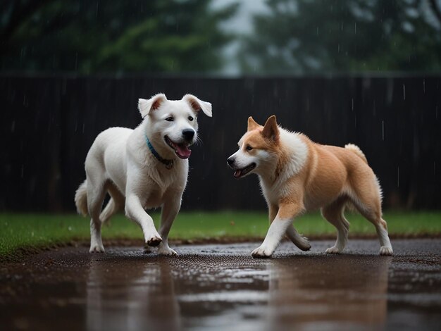 two dogs are running in the rain one has a tag on his collar