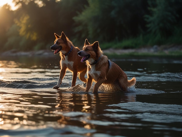 two dogs are running in the water with their mouths open