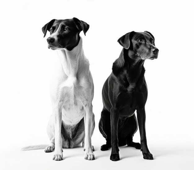 Two dogs are sitting next to each other, one of which is black and white.