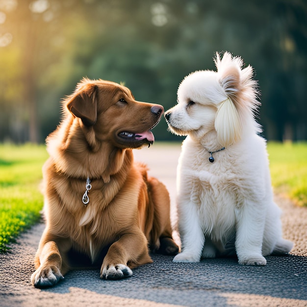 two dogs are sitting on a road one of which is white