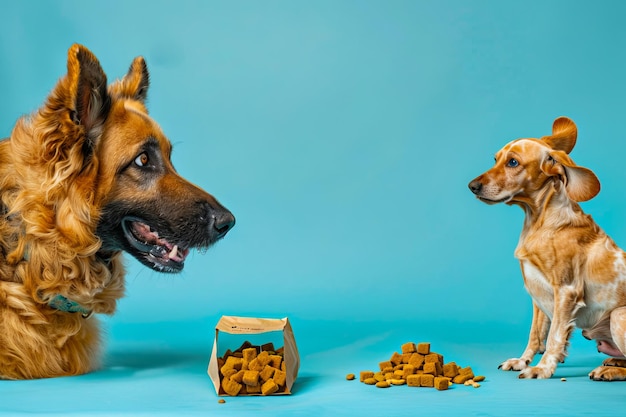 Photo two dogs are standing next to each other with food in front of them