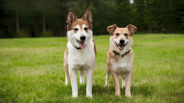 two dogs are standing in a field one has a tag on his collar