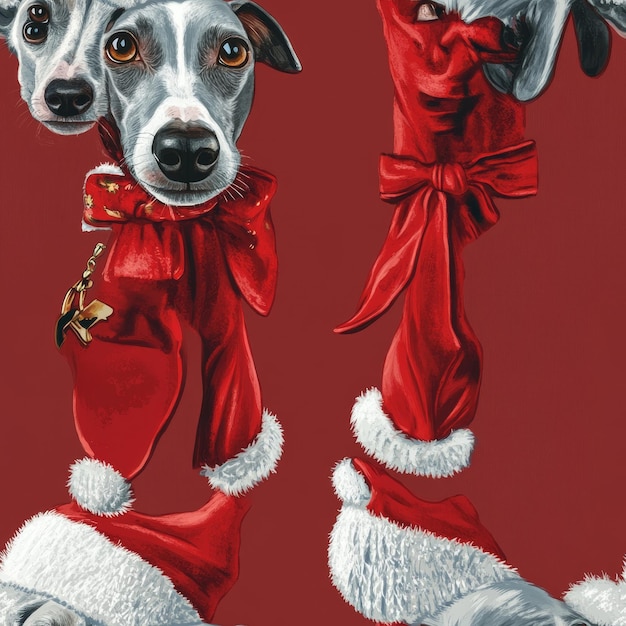 Photo two dogs dressed up for christmas are shown with santa claus on them