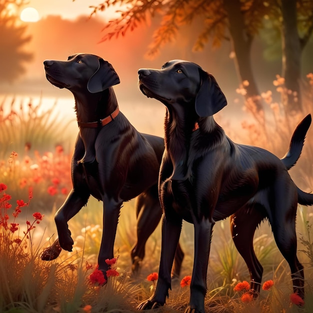 two dogs in a field with the sun behind them