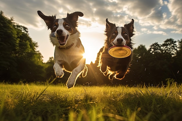 Two dogs jumping in the air to catch a frisbee