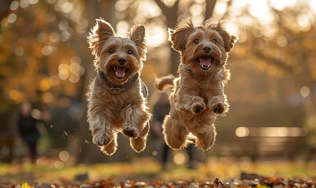 Photo two dogs jumping in the air with the sun behind them