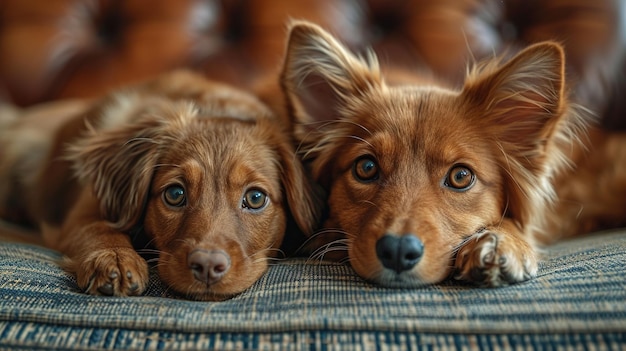 two dogs laying on a couch one of which has a blue and white striped couch