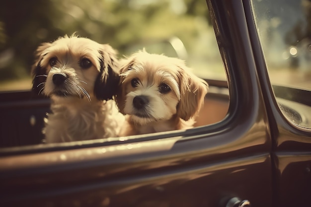 Two dogs looking out of a car window