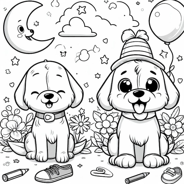 two dogs and a moon are on a white background with a black and white background