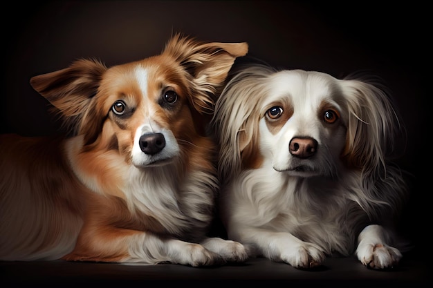 Two dogs one lying down while other sits and stares at the camera created with generative ai