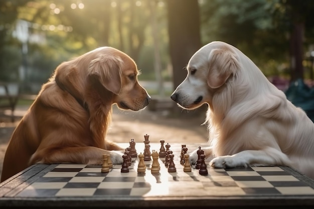 Two dogs playing chess in a park