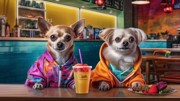 Two dogs in a restaurant with a drink