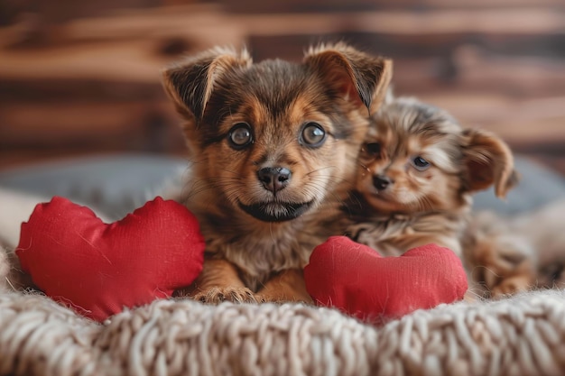 Two dogs resting on bed heart