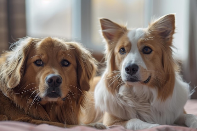 Two dogs resting together indoors