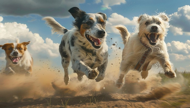 Photo two dogs running in the dirt with the words quot dog running quot on the ground