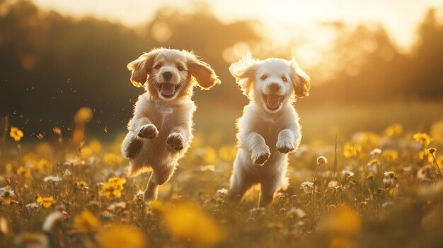 two dogs running in a field with yellow flowers in the background