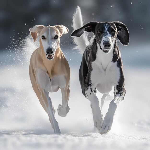 two dogs running in the snow one has the other on the other