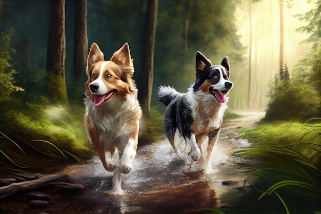 Two dogs running through forest with trees and streams in the background created with generative ai