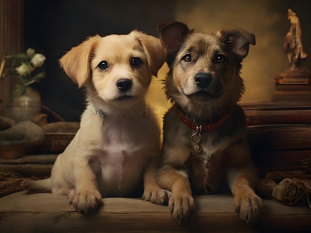 two dogs sit next to each other and one has a collar that says puppy