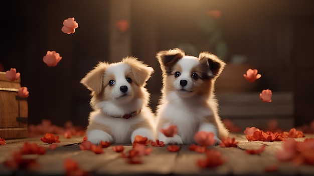 Two dogs sit on a table with a red flower on the left.