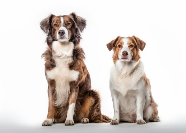 Two dogs sitting side by side, one of which is the australian shepherd.