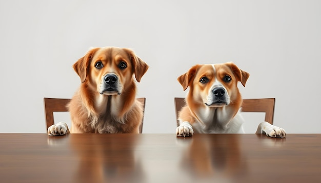 Photo two dogs behind the table isolated with white highlights