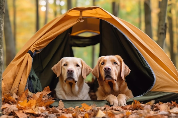 Two dogs in a tent with leaves on the ground