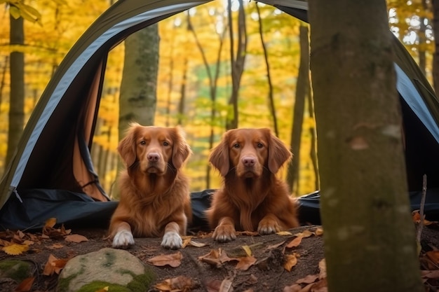 Two dogs in a tent in the woods