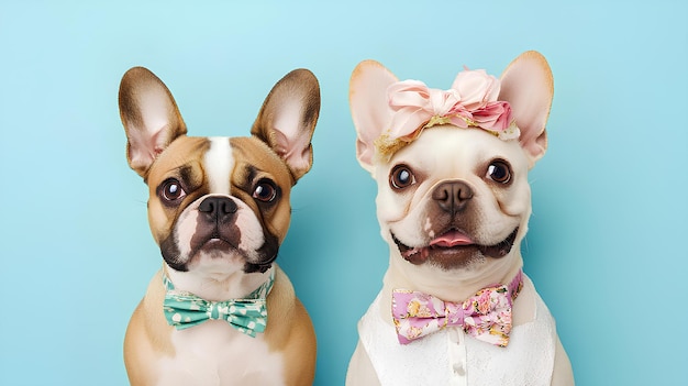 two dogs wearing bow ties and bow ties are posing for a photo