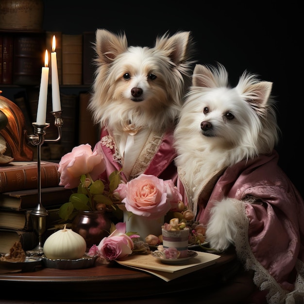 two dogs wearing costumes sit on a table with a candle in the background