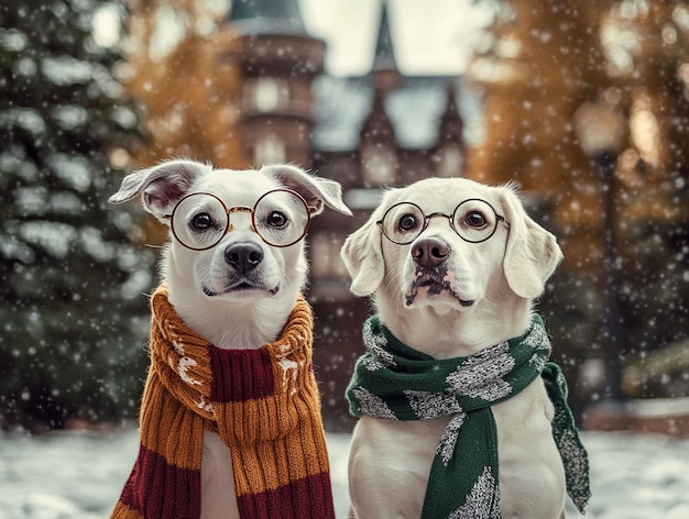 Photo two dogs wearing glasses one wearing a scarf and the other wearing glasses