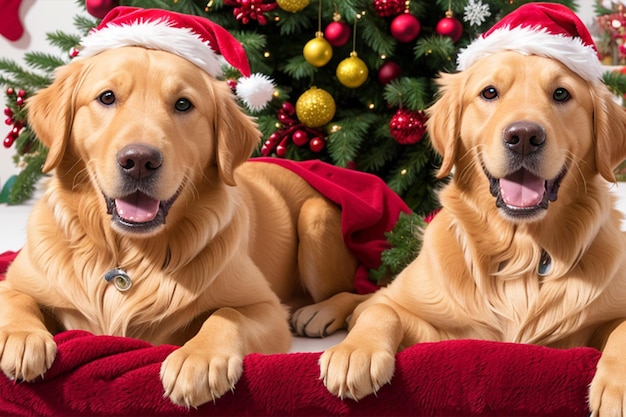 Two dogs wearing santa hats sit in front of a christmas tree