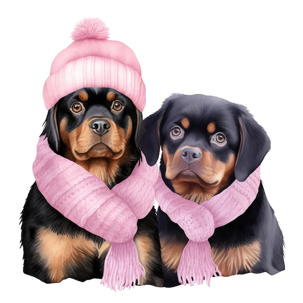 two dogs wearing scarves and hats