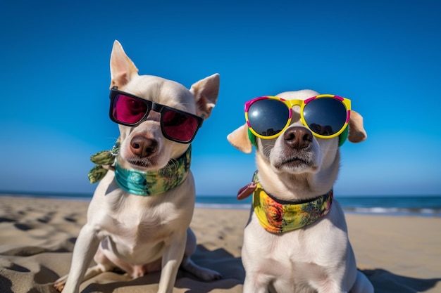 Two dogs wearing sunglasses sit on the beach.