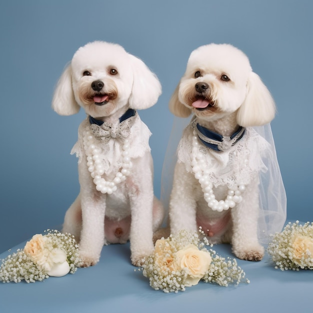 Two dogs wearing wedding dresses and one has a flower bouquet on it.