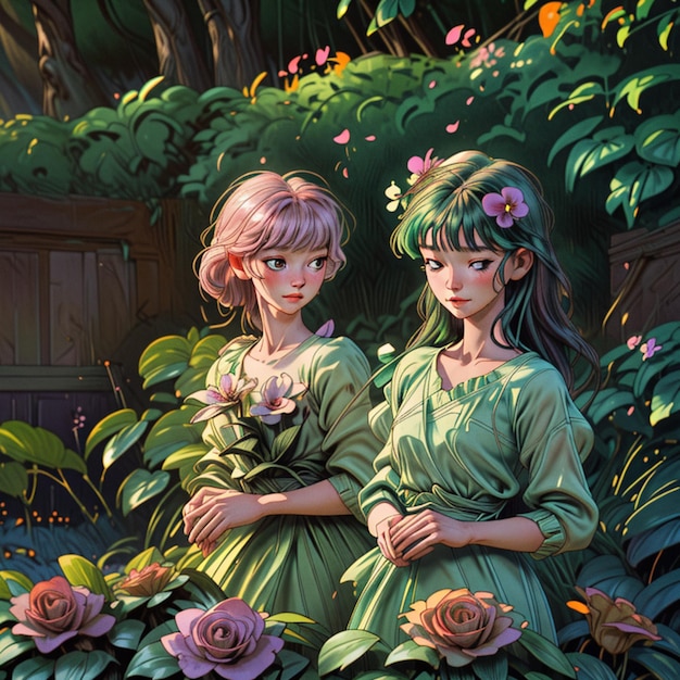 Photo two dolls are standing in a garden with flowers in their hair