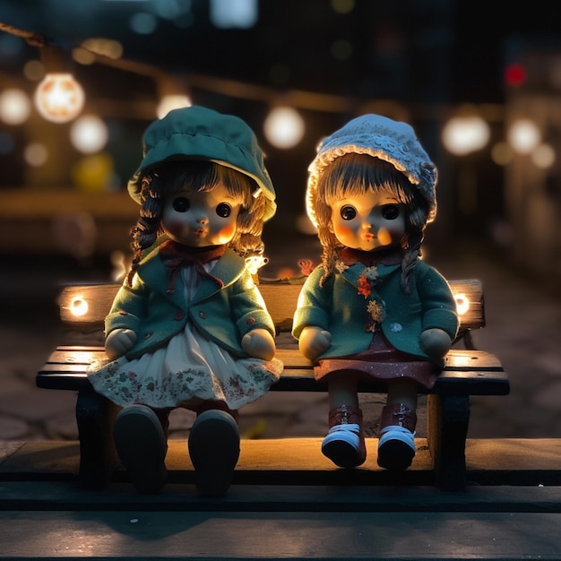 Two dolls sit on a bench with lights in the background.