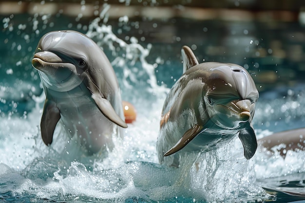 two dolphins are playing in the water with the bubbles