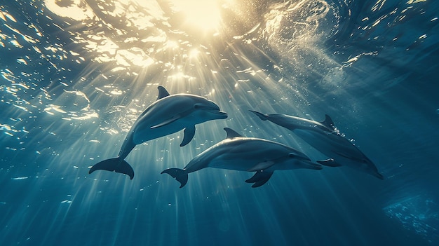 Two dolphins are swimming in a sunlit ocean