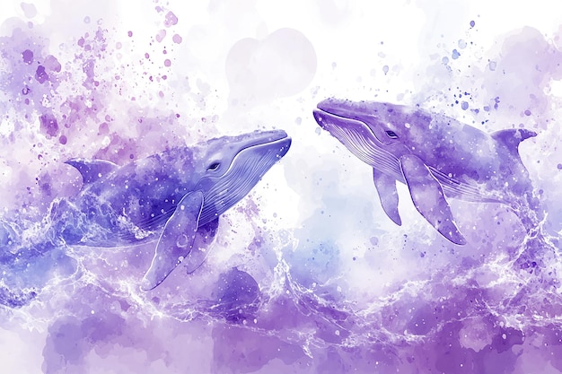 Photo two dolphins are swimming in the water with the purple background