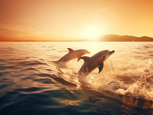 Two dolphins are in the water at sunset