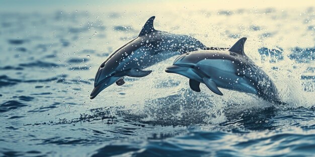 Two dolphins jumping out of the water Ideal for marine life and naturethemed projects