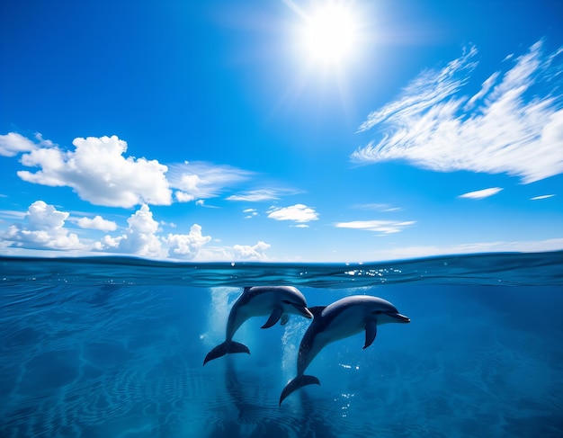 Photo two dolphins swim in the ocean with the sun shining on them