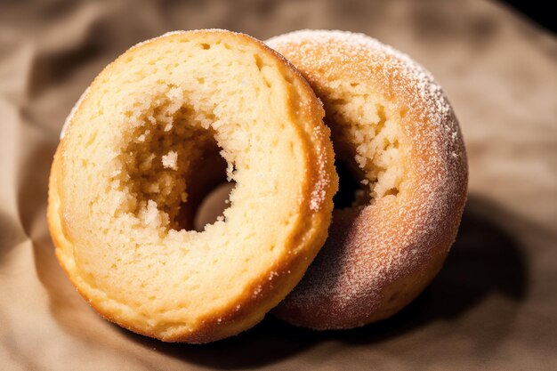 Two donuts are on a brown paper bag.