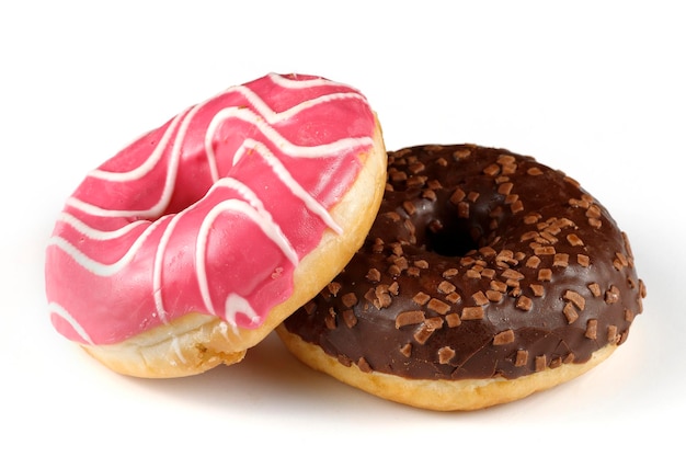 Two donuts isolates Sweets and pastries closeup two colorful glazed donuts